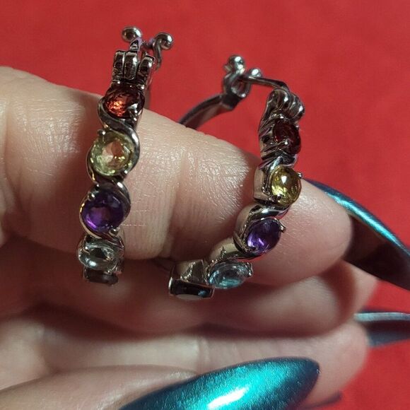 Multi Gemstone Stainless Steel Hoop Earrings - Picture 4 of 5